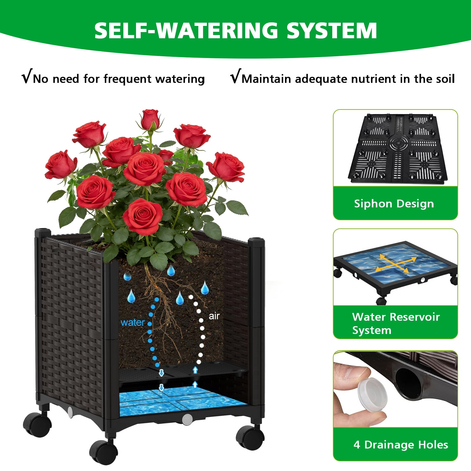 ROMUCHE Trellis Planter on Wheels, Self Watering Garden Planter Box with Drainage Hole for Climbing Plant Vegetable Flower
