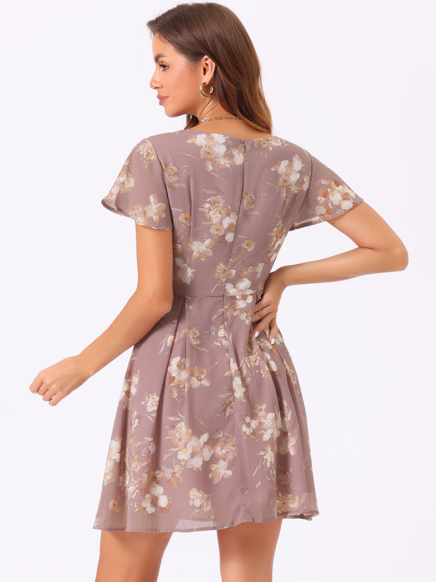 DARING DIVA Floral Flouncing Sleeve V Neck A-Line Chiffon Dress  L Pink