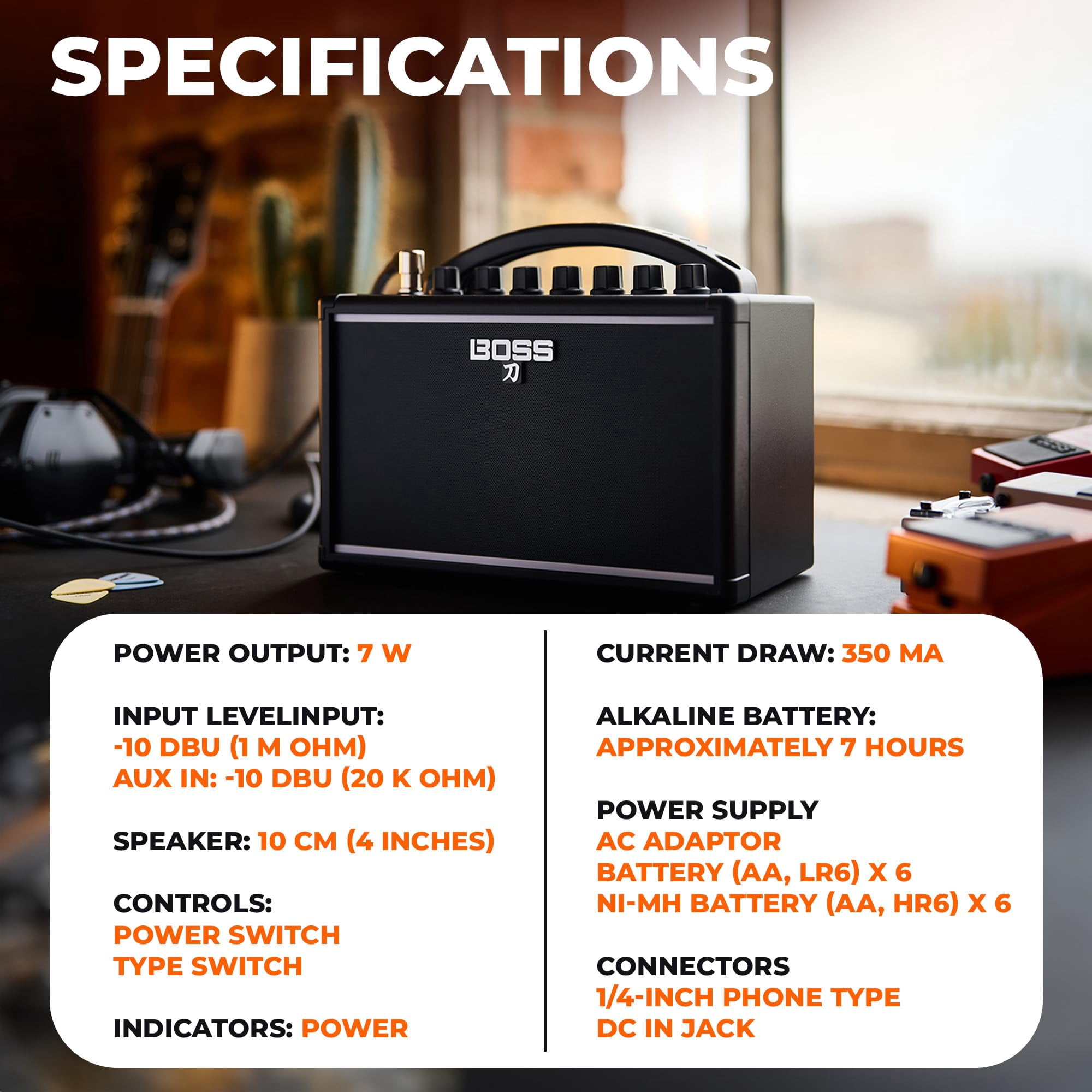 Boss Katana Mini Guitar Combo Amplifier Bundle with Gearlux Instrument Cable and 3-Pack Picks
