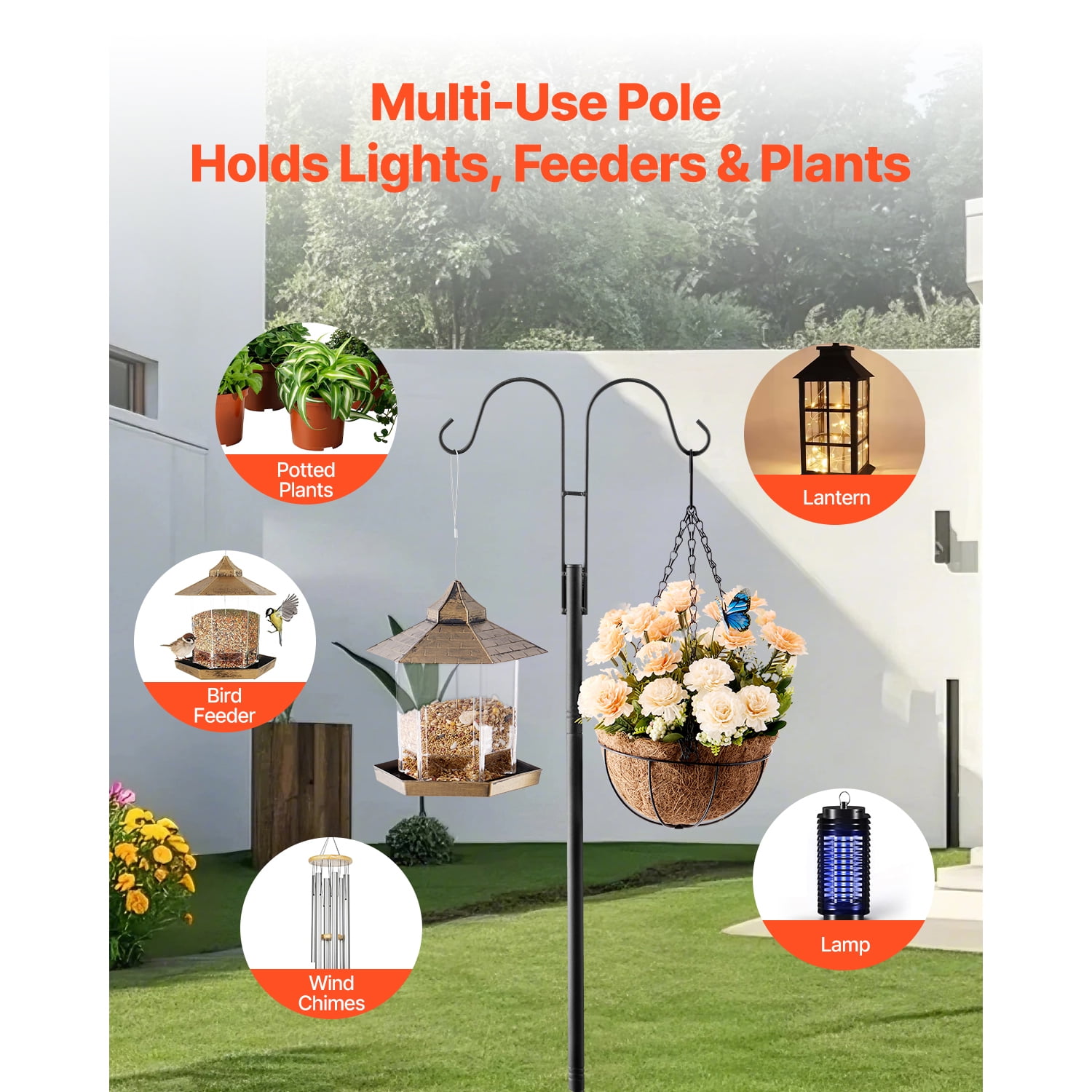 KFFKFF Double Shepherd Hooks for Outdoor Use, Set of 8, 92-Inch Heavy-Duty Poles, 3/4-Inch Thick Garden Hooks for Hanging Bird Feeders, Plant Baskets, Solar Lanterns, Wind Chimes