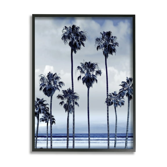Stupell Industries Navy Blue Palm Trees on Coastline Monochromatic Landscape Painting Black Framed Art Print Wall Art, 11 x 14