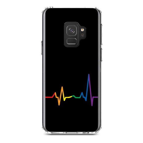 DistinctInk Clear Shockproof Hybrid Case for Samsung Galaxy S9 (5.8" Screen) - TPU Bumper, Acrylic Back, Tempered Glass Screen Protector - Rainbow Pulse Heart Beat - LGBTQ Support