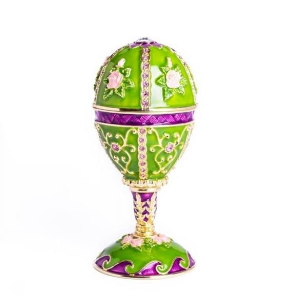 Green Faberge Egg Music Playing Decorated with Flowers Enamel Painted Trinket Box with Austrian Crystals