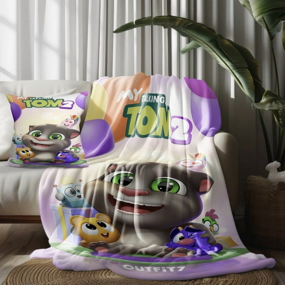 Throw Blanket and Pillowcase Set For Talking Tom Thin Bed Couch Decor Kids Adult Nap Micro Fleece Fuzzy Blankets Bedroom Car All Season Birthday Gifts 30×40 inch