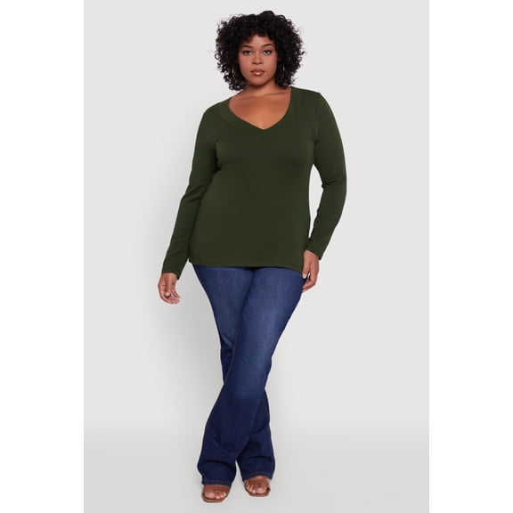 Women's Plus Size Long Sleeve V-Neck Basic Tee