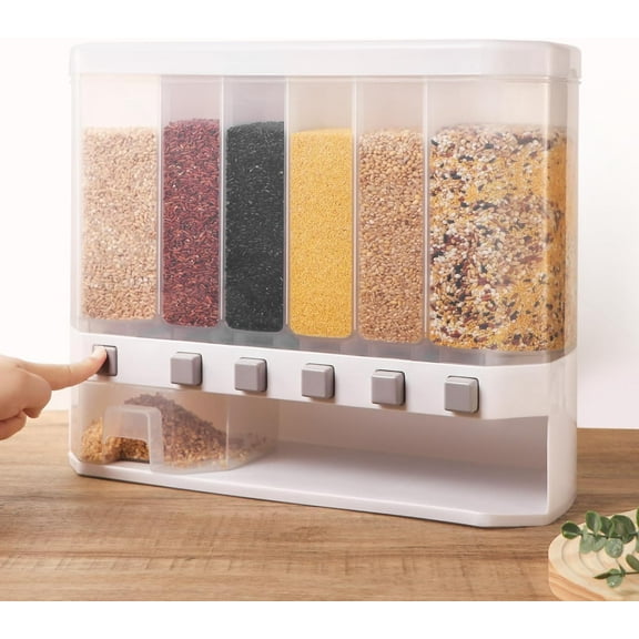 Grain Dispenser with Measuring Cup，Dry Food Dispenser Snack Dispenser Rice Dispenser for Kitchen Organizing，Kitchen Storage 25 Pounds Food Dispensers，6 Grid