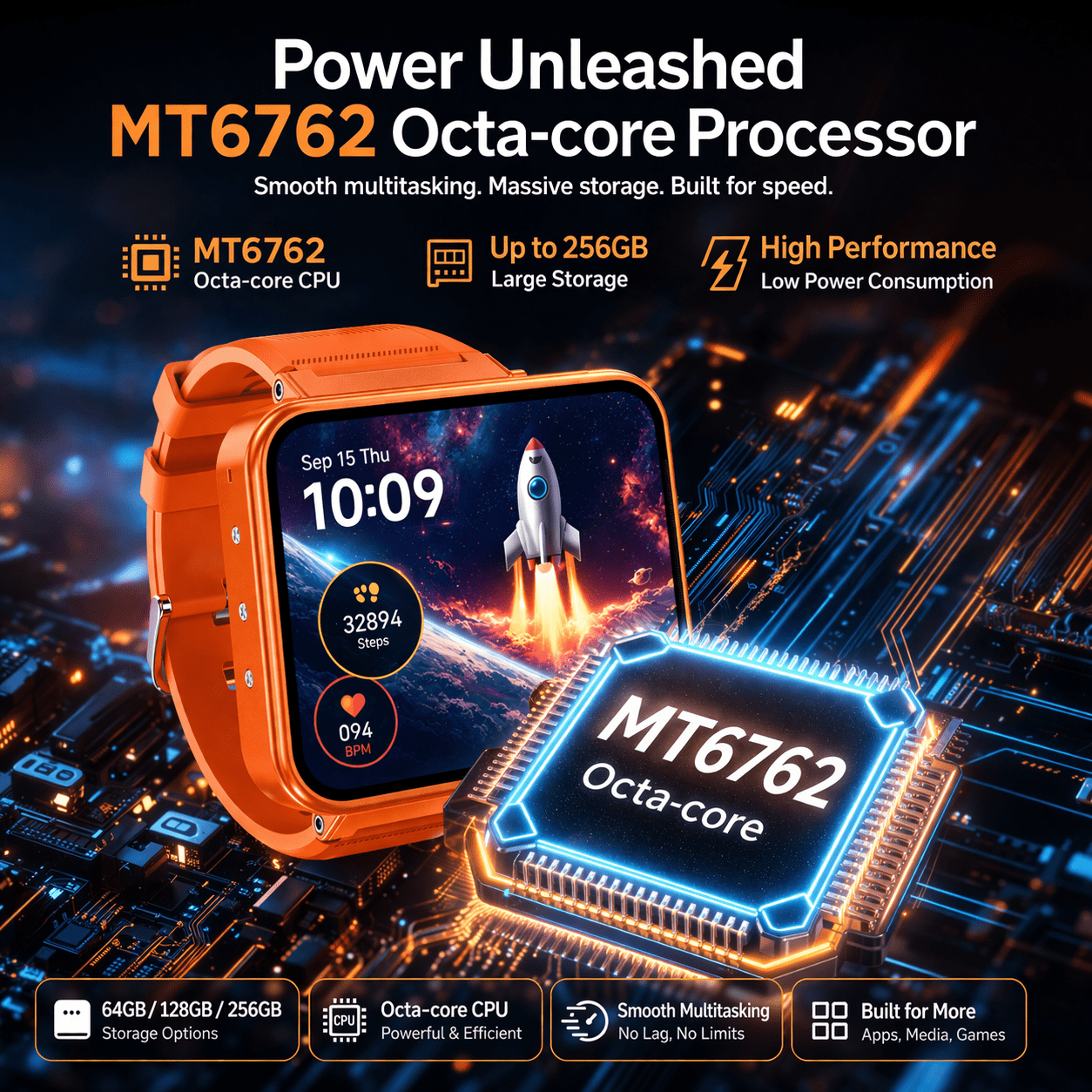 Android 12 Smart Watch with 3.97" HD Touchscreen, MT6762 8GB+256GB, App Support, Dual Camera