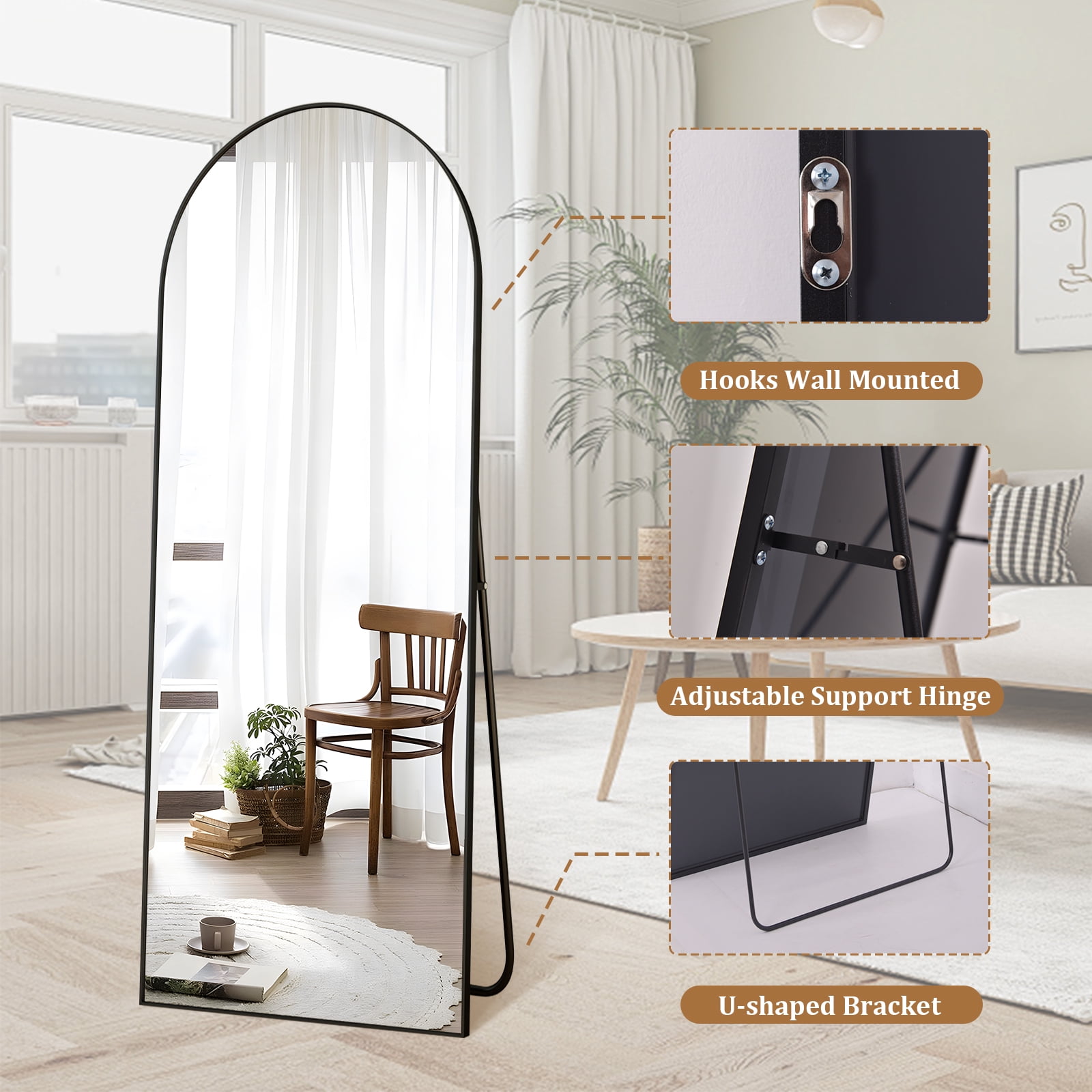 AUROMIR 59"x16" Arched Full Length Mirror Floor Mirror Full Body Standing Mirror, Black