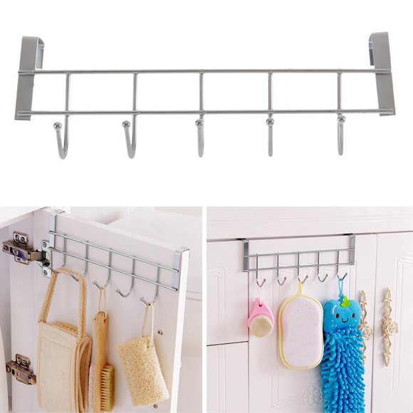 Porte-manteau Écologique en Métal Argenté sur Porte pour Maison Salle de Bain Cuisine Porte-Manteau Serviette Support Étagère 5 Crochets Crochets et Rails