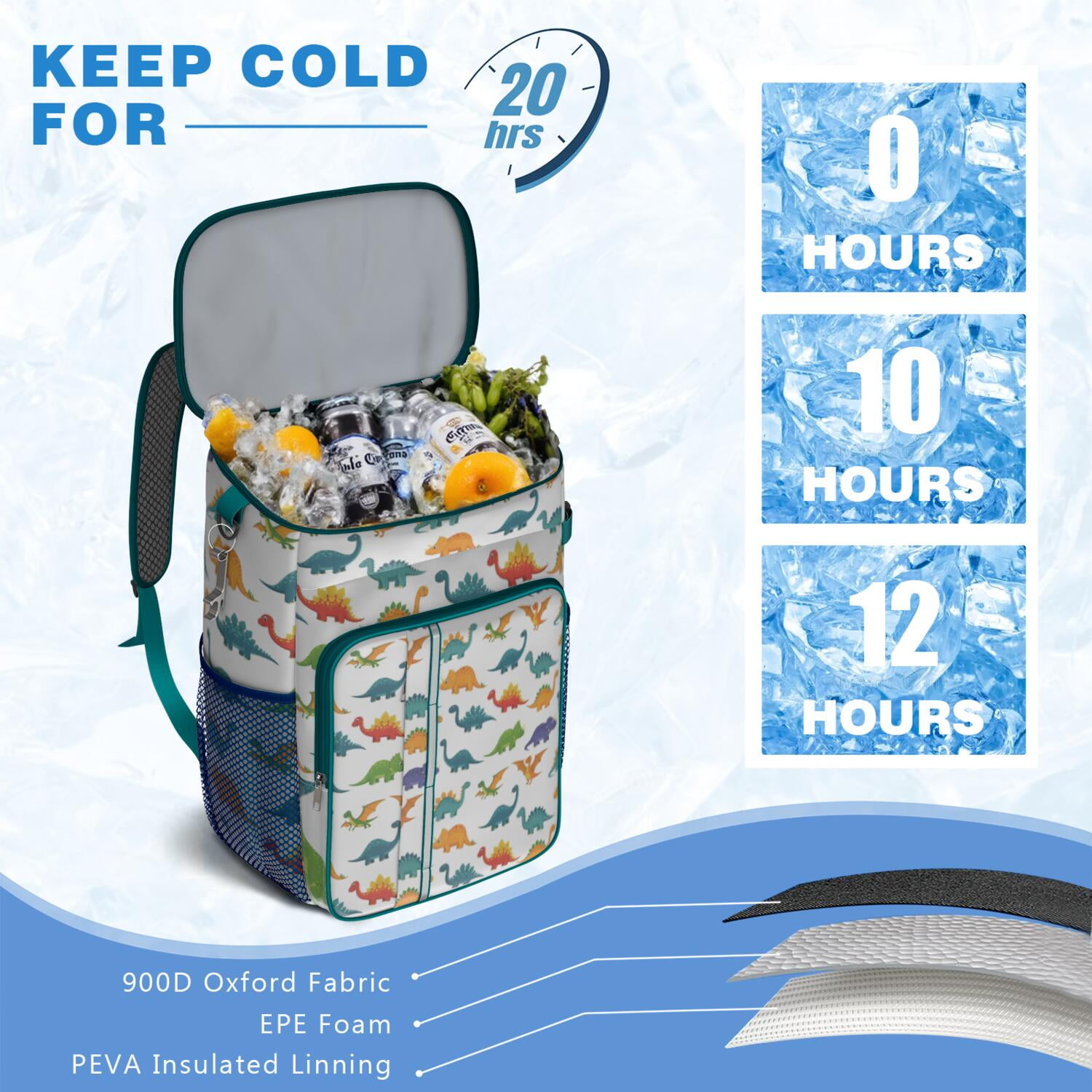 Travel Cooler Bag - White Dinosaurs Colorful Species Pattern Camping Beer Cooler Backpack with Bottle Opener- Waterproof Insulated Picnic Backpacks - Cooler Bag for Beach