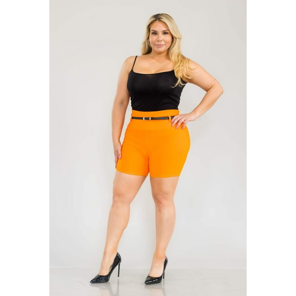 Plus Size High Waist Sculpting Shorts With Faux Leather Belt - Orange