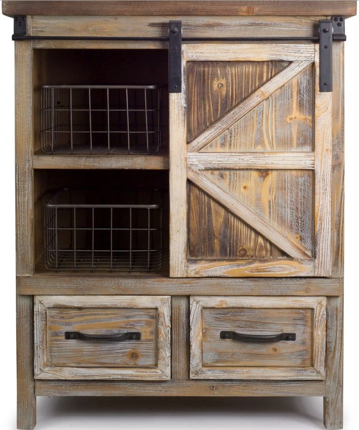 395 Country Rustic Wooden Storage Cabinet With Metal Basket