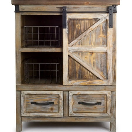 39 5 Country Rustic Wooden Storage Cabinet With Metal Basket