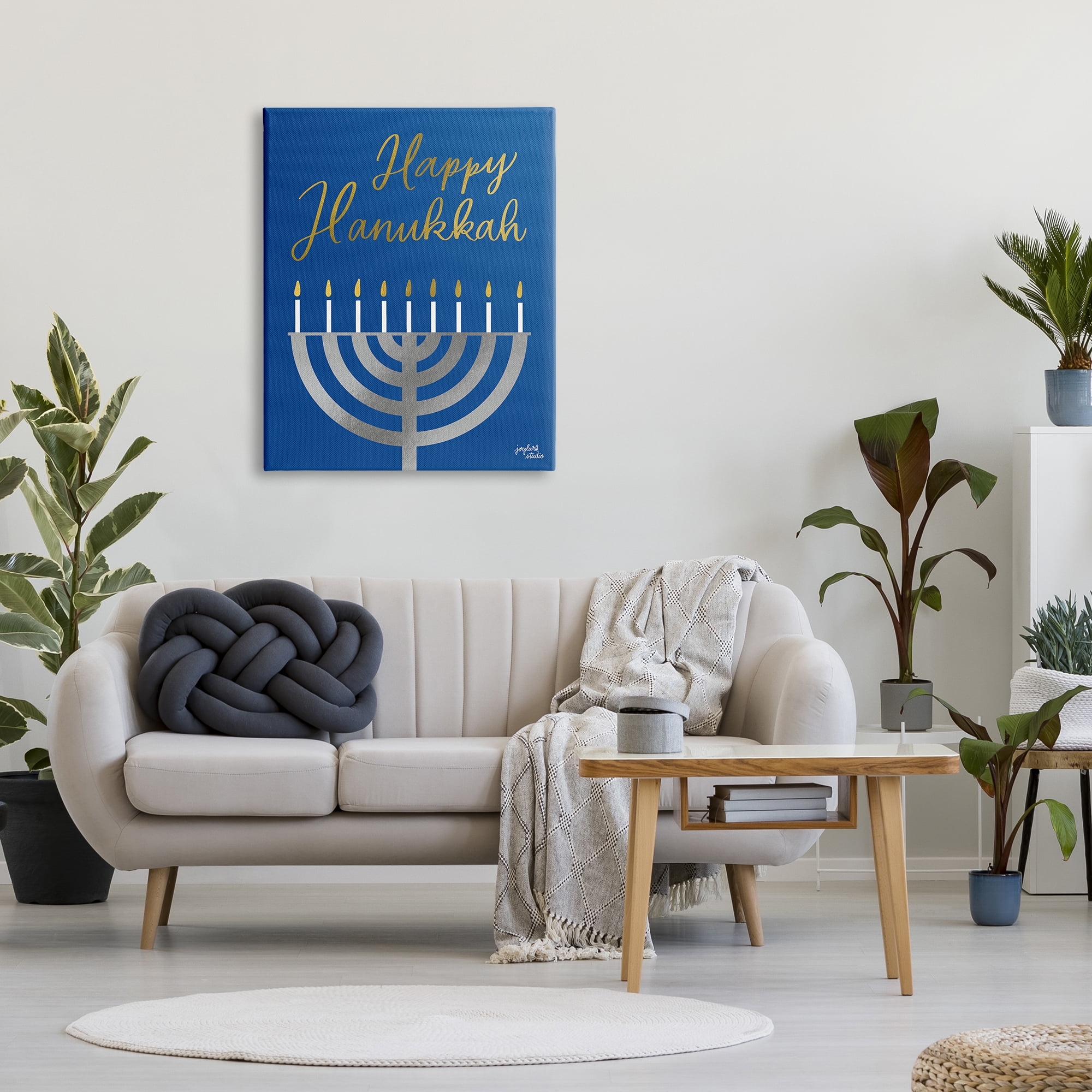 Stupell Industries Happy Hanukkah Calligraphy Radiant Lit Candles Menorah Graphic Art Gallery Wrapped Canvas Print Wall Art, Design by Jess Baskin