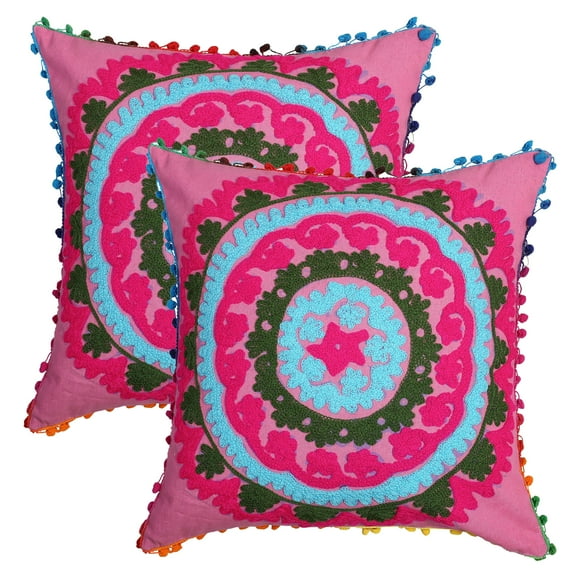 Stylo Culture Ethnic Decorative Suzani Throw Pillow Covers 16x16 Embroidered Pink Blue Stylish 40 x 40 cm Pom Pom Lace Cotton Floral Square Cushion Covers | Set Of 2