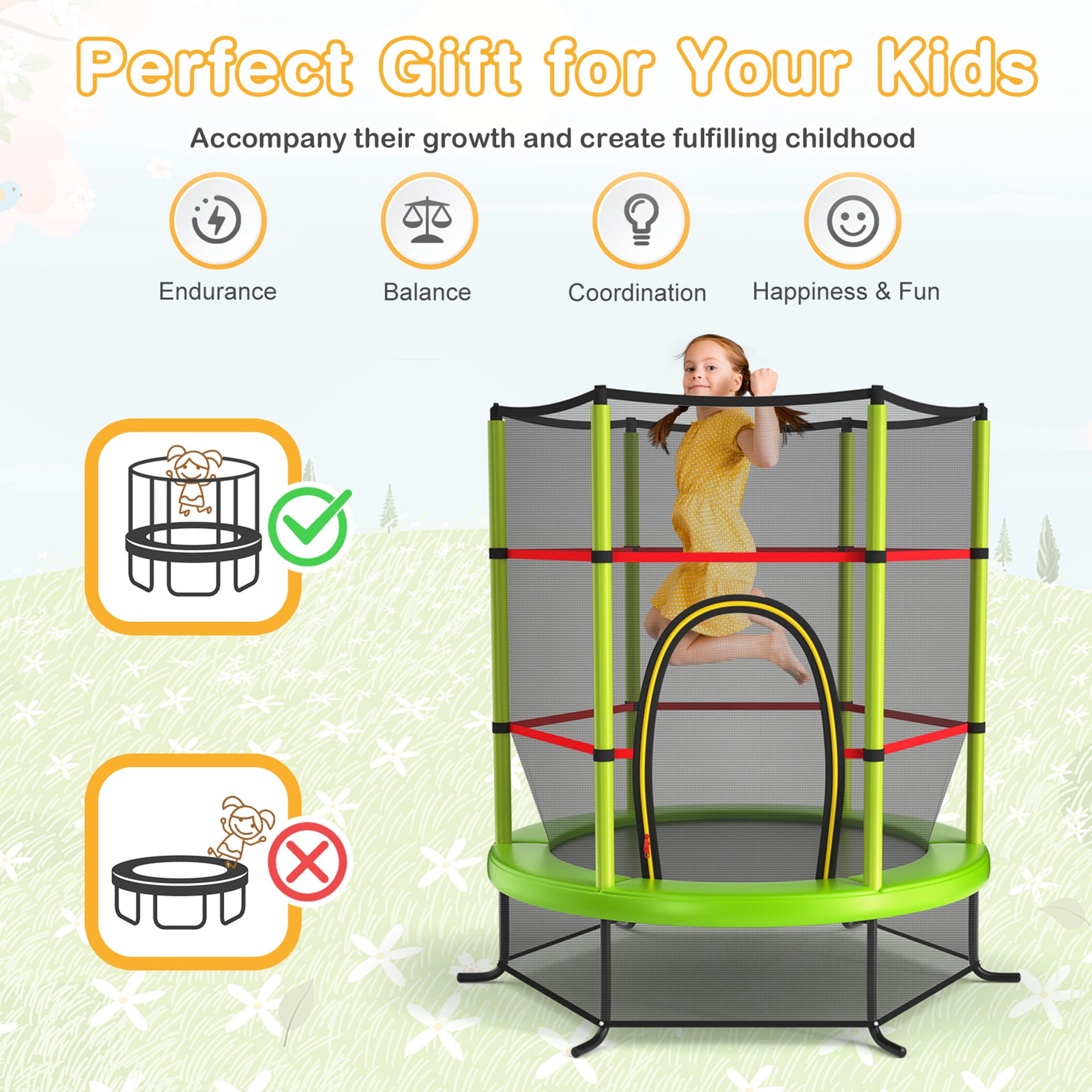 Gymax 55'' Recreational Trampoline for Kids Toddler Trampoline w/ Enclosure Net Green