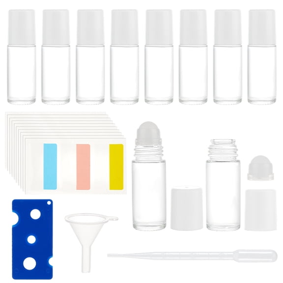10 Pcs 30ml/1 oz Essential Oil Roller Bottle Clear Glass Bottles with Plastic Roller Ball White Lid Labels Dropper Reusable Empty