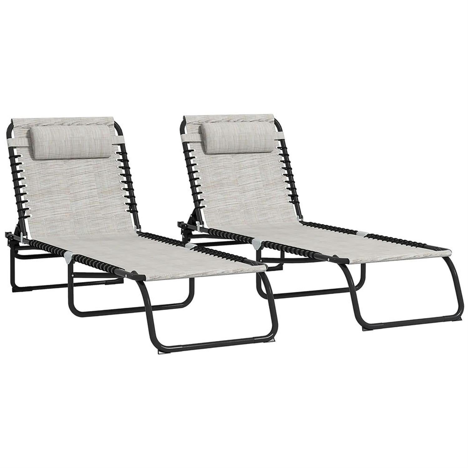 Demi Bonn Outdoor Folding Chaise Lounge Chairs Set of 2 with 4-Position Reclining Pillow-Back, Breathable Mesh Seat, Bungee for Pool, Beach, Patio, Beige