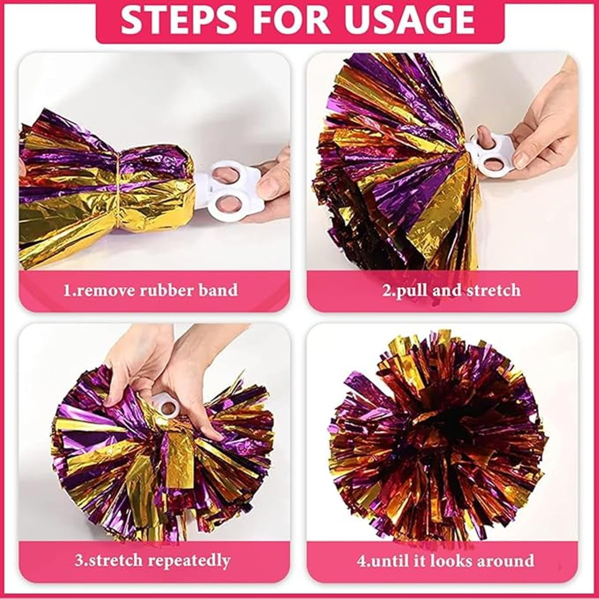 EONQY 8 Pcs Cheerleading Pom Poms Cheerleader Squad Spirited Fun Pompoms 10 Inch Metallic Foil Cheer Pom Poms with Handle Flowers for Sport Team Dance Party