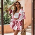 thumbnail image 3 of FKEKYI Red Hibiscus Flower Print Women's 2 Piece Set Short Sleeve Shirt & Shorts with Elastic Waist Summer Beachwear Soft Vacation Outfits Open Front Top Lounge Set, M, 3 of 7