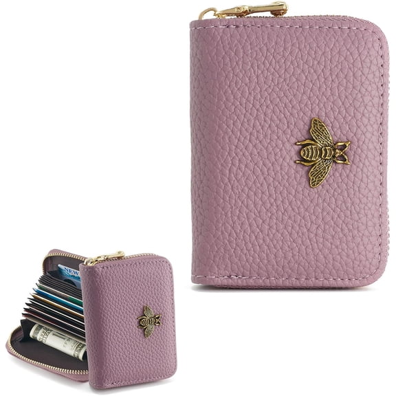 Small Women RFID Wallet Credit Card Holder, Accordion Wallet Leather Zipper Card Case(Purple)