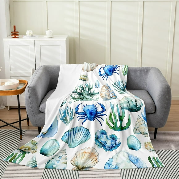 Erosebridal Sea Animal Seashell Flannel Blanket 40x50,Sealife Crab Sherpa Throw,Underwater World Decor Ultra Soft