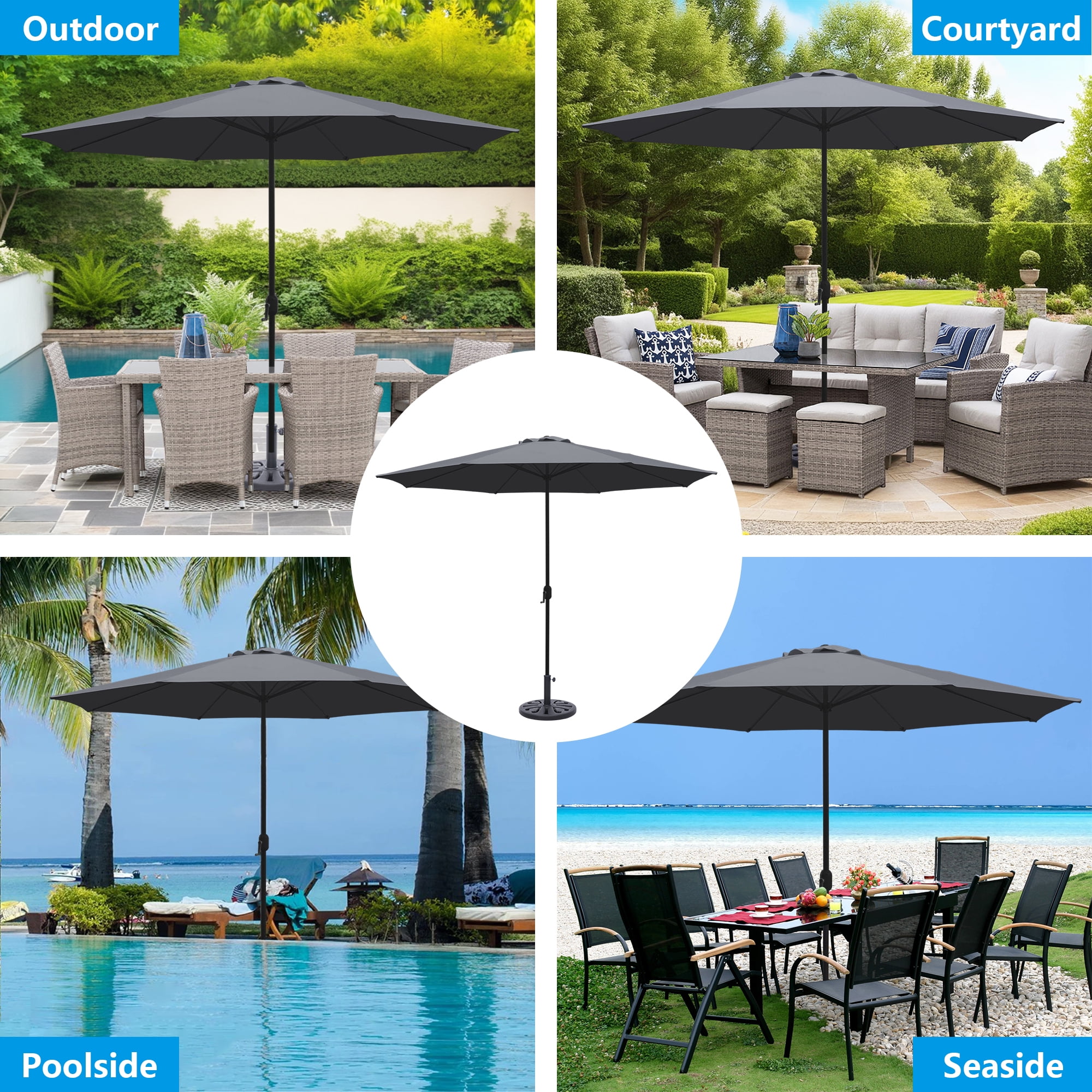Kool 11FT Outdoor Patio Umbrella with Crank Handle, Market Umbrella with 8 Sturdy Umbrella Ribs, Waterproof for Garden Deck Backyard Pool, Dark Gray