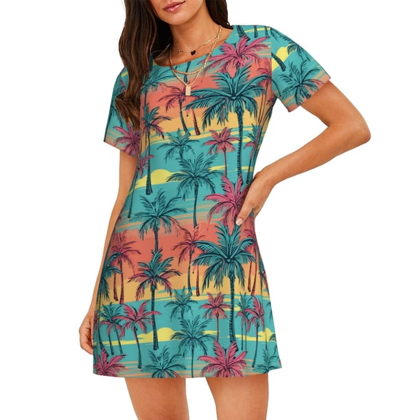 Fotbe Hawaii Palms Bata de Dormir para Mujer con Estampado, Camisón de Algodón de Manga Corta, Ropa de Dormir Casual