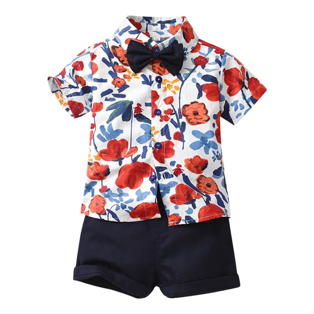 Boys Outfits & Sets Toddler Gentleman Casual Short Sleeve Floral Hawaii Beach Holiday Shirts and Shorts Set for Kids,Size 4-5 Years