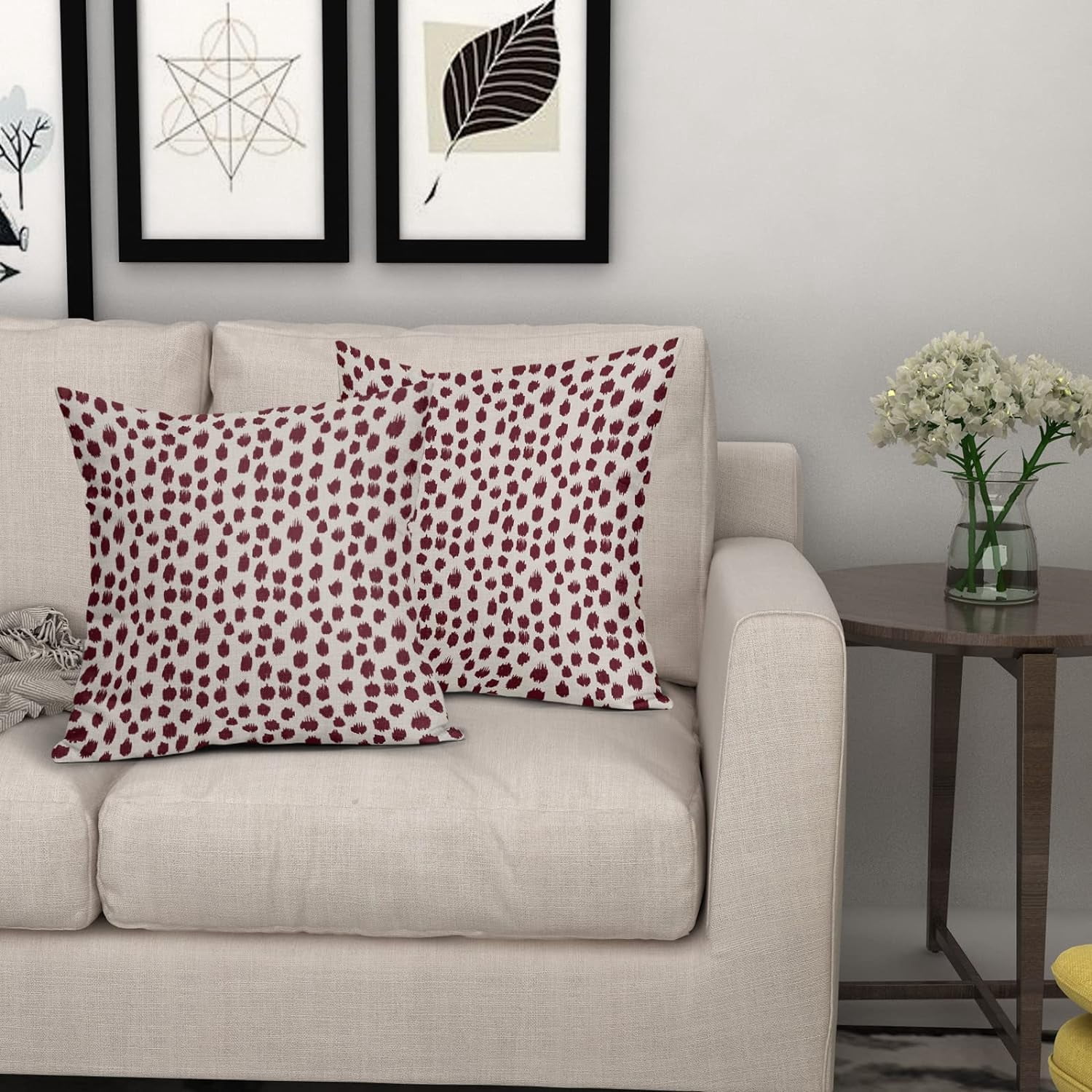 Burgundy Cream Pillow Covers 18x18 Set of 2 Boho Design Polka Dot Throw Pillows Modern Brush Strokes Print Decorative Outdoor Pillowcase Square Cushion Cover Linen Pillow Case for Home Sofa Couch Bed
