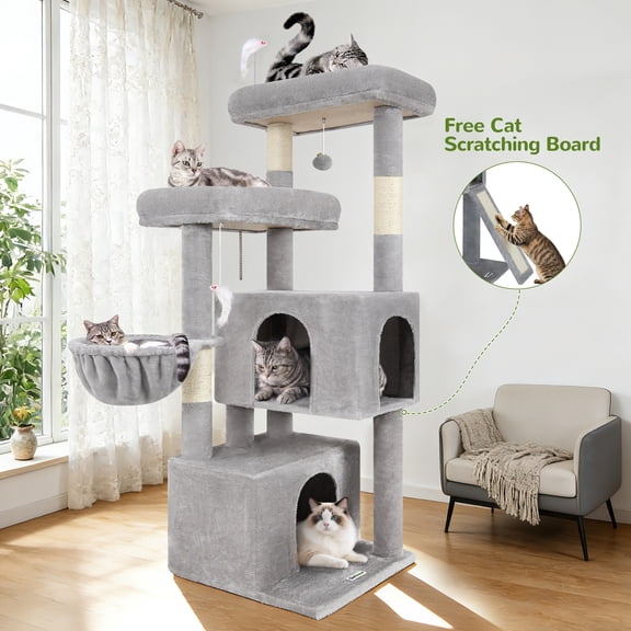 Cat Tree Tower with Scratching Post, 55" Plush Multi-Level Condo with 2 Caves & Basket, Light Gray