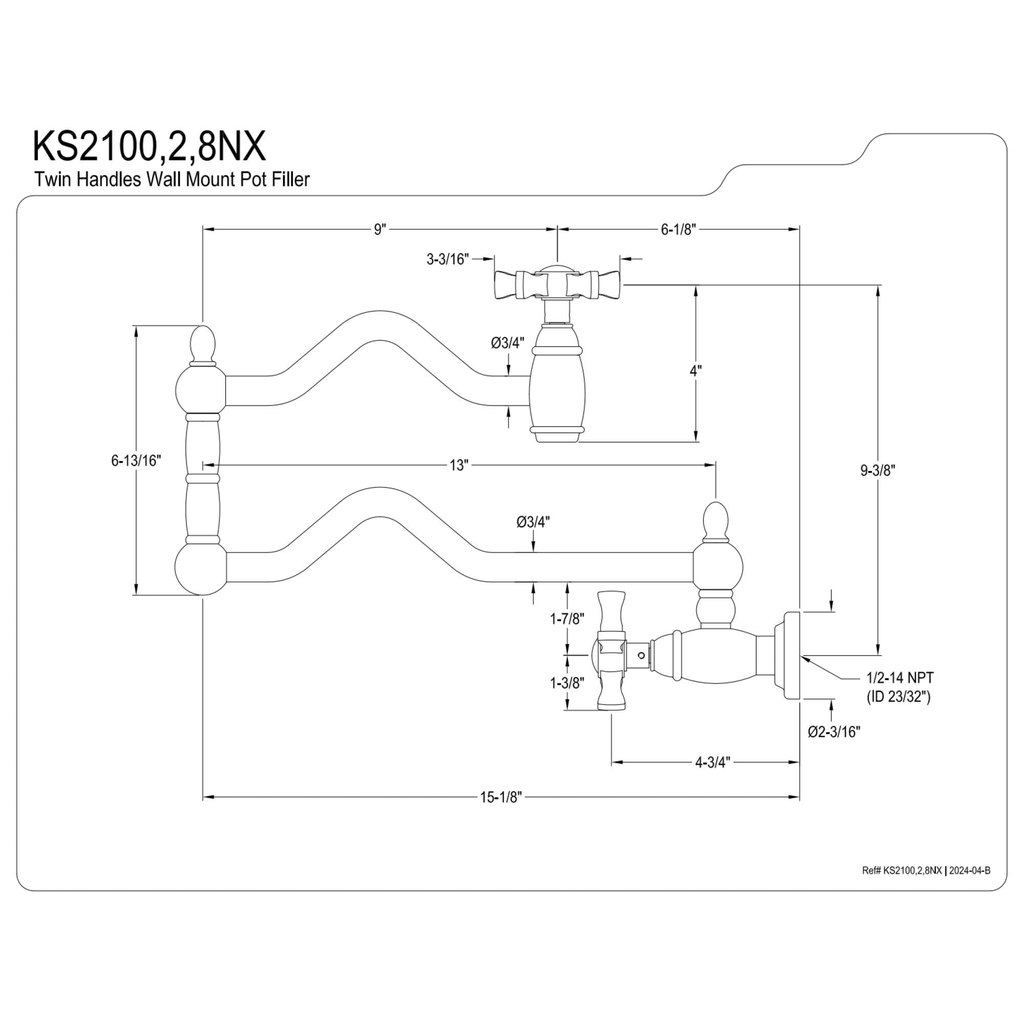 Kingston Brass KS2100NX Hamilton Two-Handle 1-Hole Wall Mount Pot Filler Faucet in Matte Black