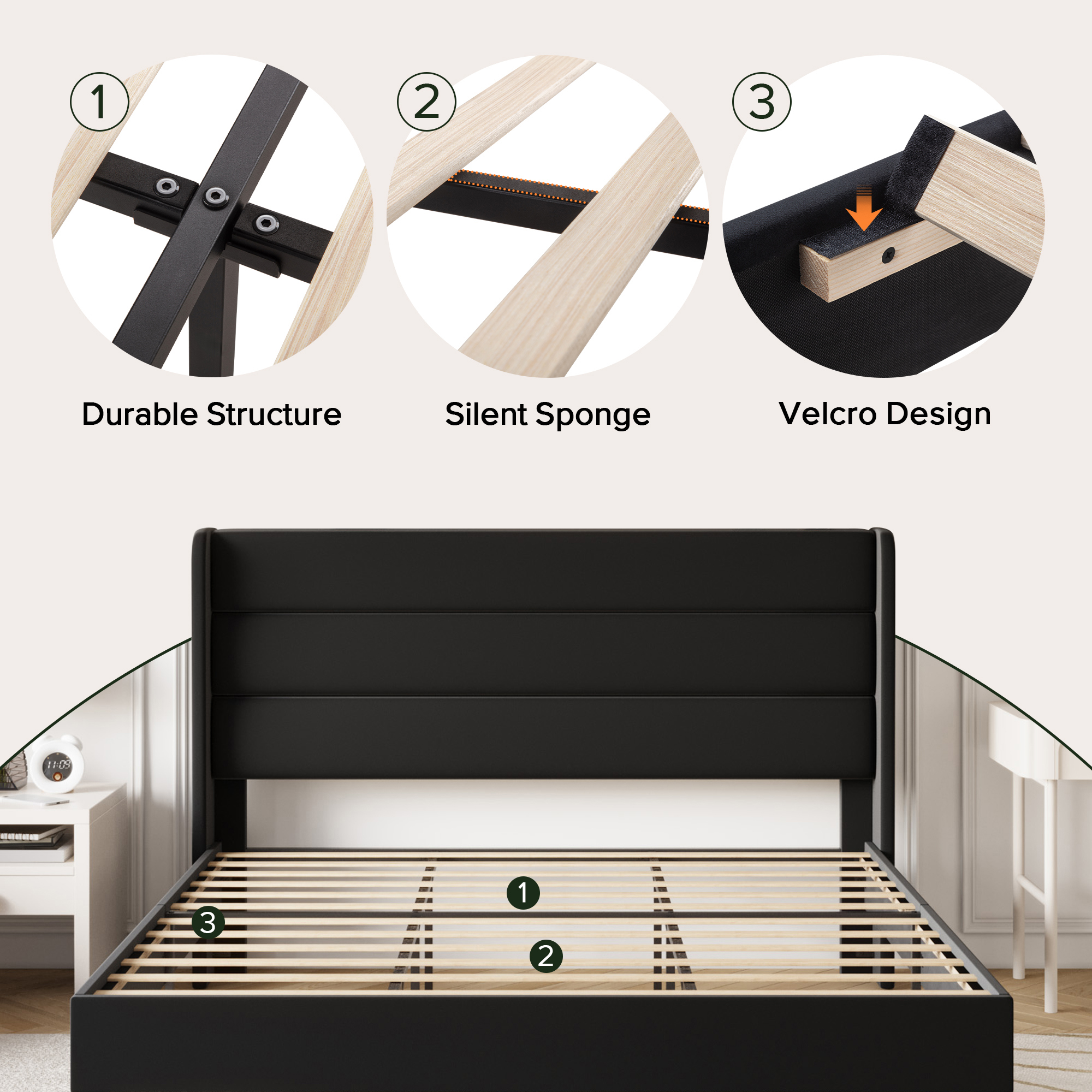 Einfach King Size Luxury Velvet Upholstered Platform Bed Frame with Wingback Headboard, Black