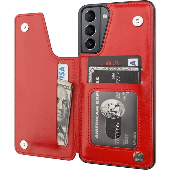 REQO Compatible with Samsung Galaxy S21 Wallet Case with Card Holder, PU Leather Kickstand Card Slots Case, Double Magnetic Clasp and Durable Shockproof Cover 5G 6.2 Inch(Red)