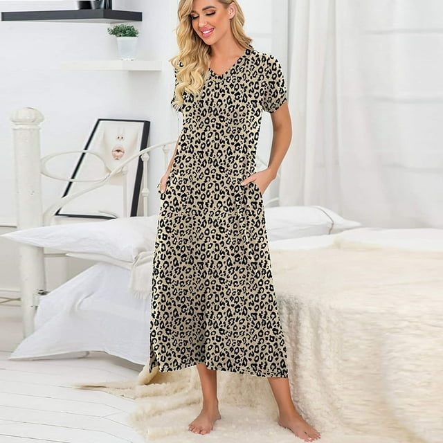 FcBaudy Robe à Manches Courtes Col Rond Hauteur Genou, Robes d'Été pour Femmes, Robes pour Femmes, Robe Décontractée à Manches Courtes Col en V, Vêtements de Nuit Doux avec Poches