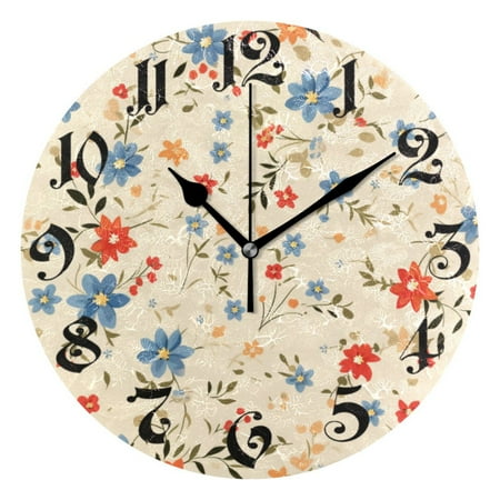 Silent Wall Clock Small Floral 10 Non-Ticking Battery Clock Rustic Retro Home Decorative for Living Room Kitchen Bathroom