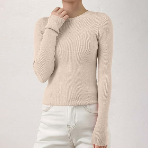 Women's Ribbed Knit Pullover Sweater, Slim Fit Soft Round Neck Top for Fall Winter, Comfortable Stretchy Casual Daily Wear, Versatile Layering Piece for Various Occasions Beige L