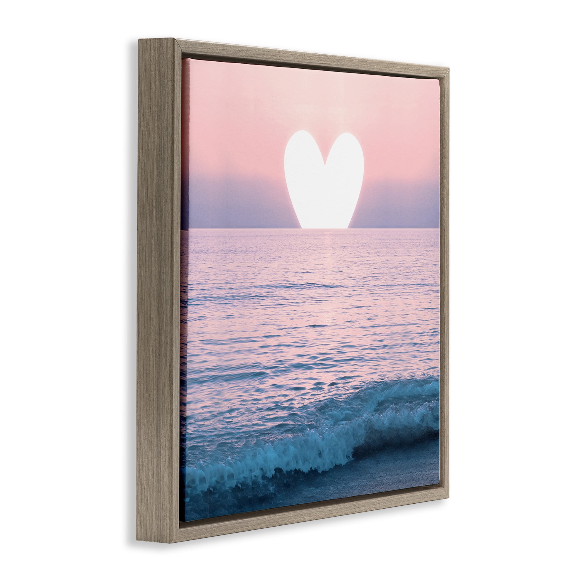 Stupell Industries Pink Heart Ocean Sunrise Landscape Painting Brown Floater Framed Canvas Art Print Wall Art, 18 x 18