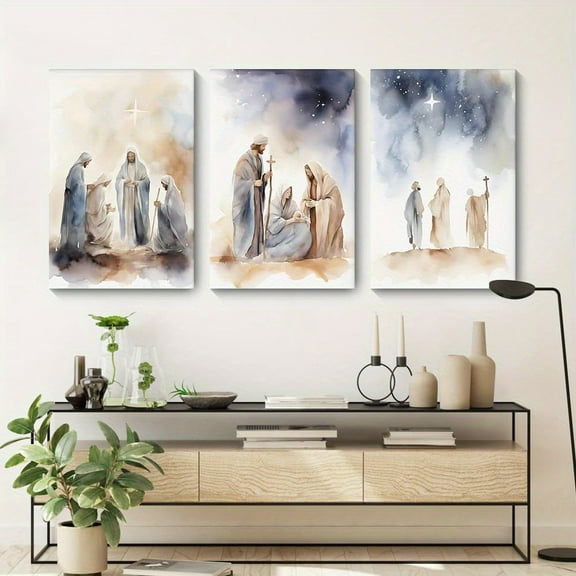3pcs Art Christmas Christ Religious Art Wrapped Canvas Picture Room Decor Art Stretched And Frame Ready To Hang- Framed (Wrapped Canvas)