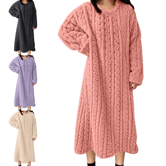 FAHUOMU Fleece Nightgown For Women Cozy Plush Long Sleeve Flannel Crewneck Night Gowns Winter Warm Pullover Lounge Dress