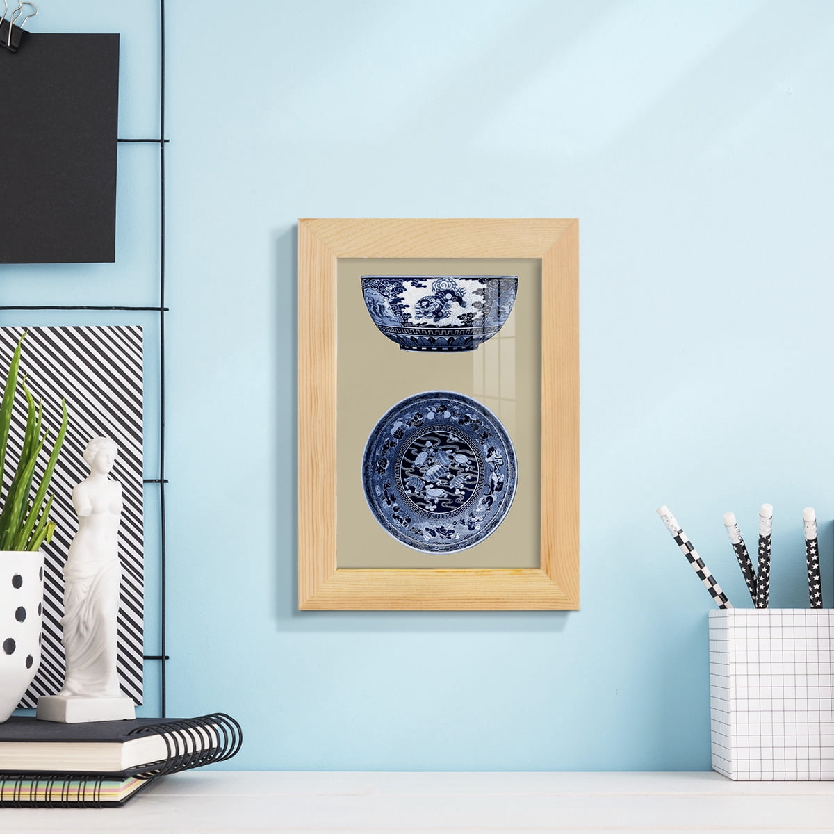 Porcelain in Blue and White I -Framed Print w/glass-Natural Wood