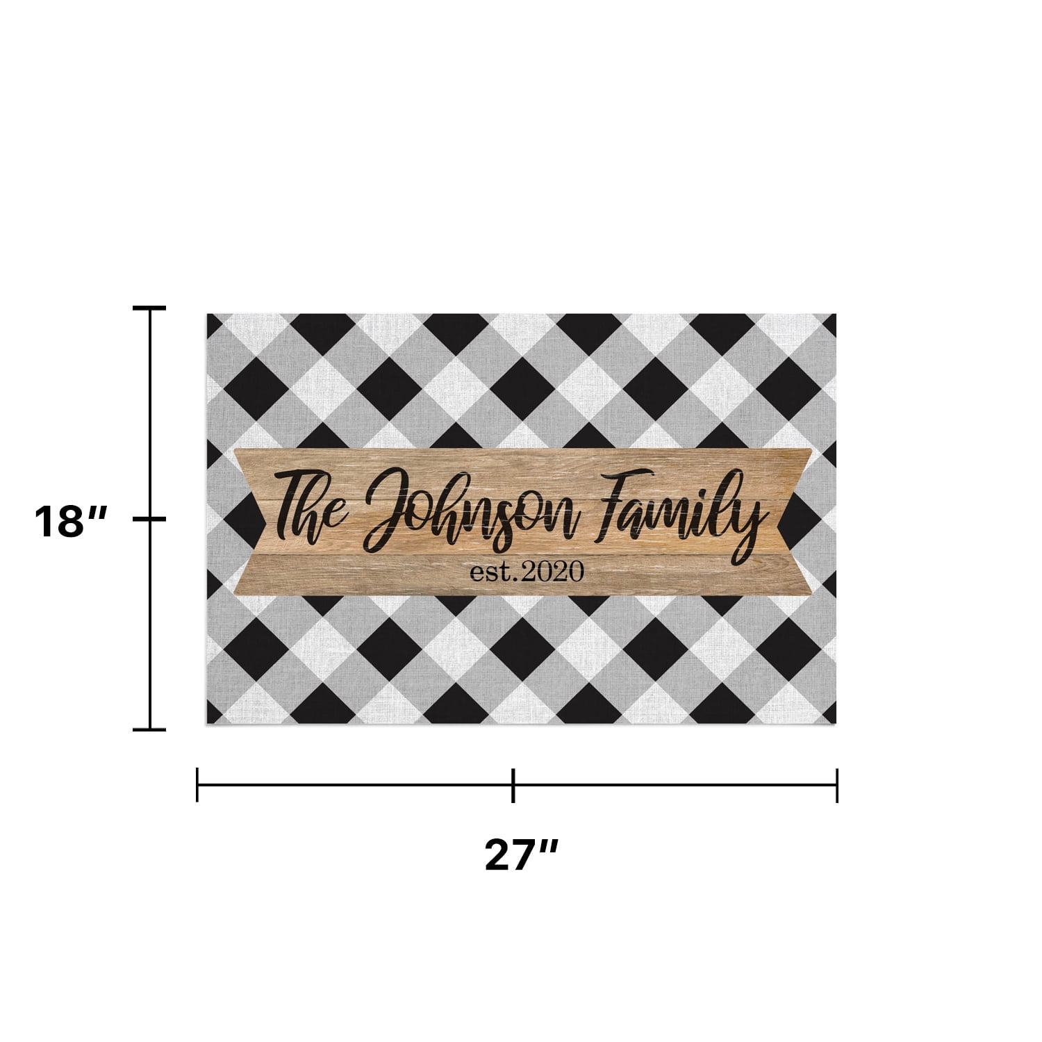 Personalized Planet 27x18 Black and White Gingham Doormat with Custom Personalization Printed on Rectangular 1/4” Thick Non Slip Mat for Kitchen Hallway Deck or Porch
