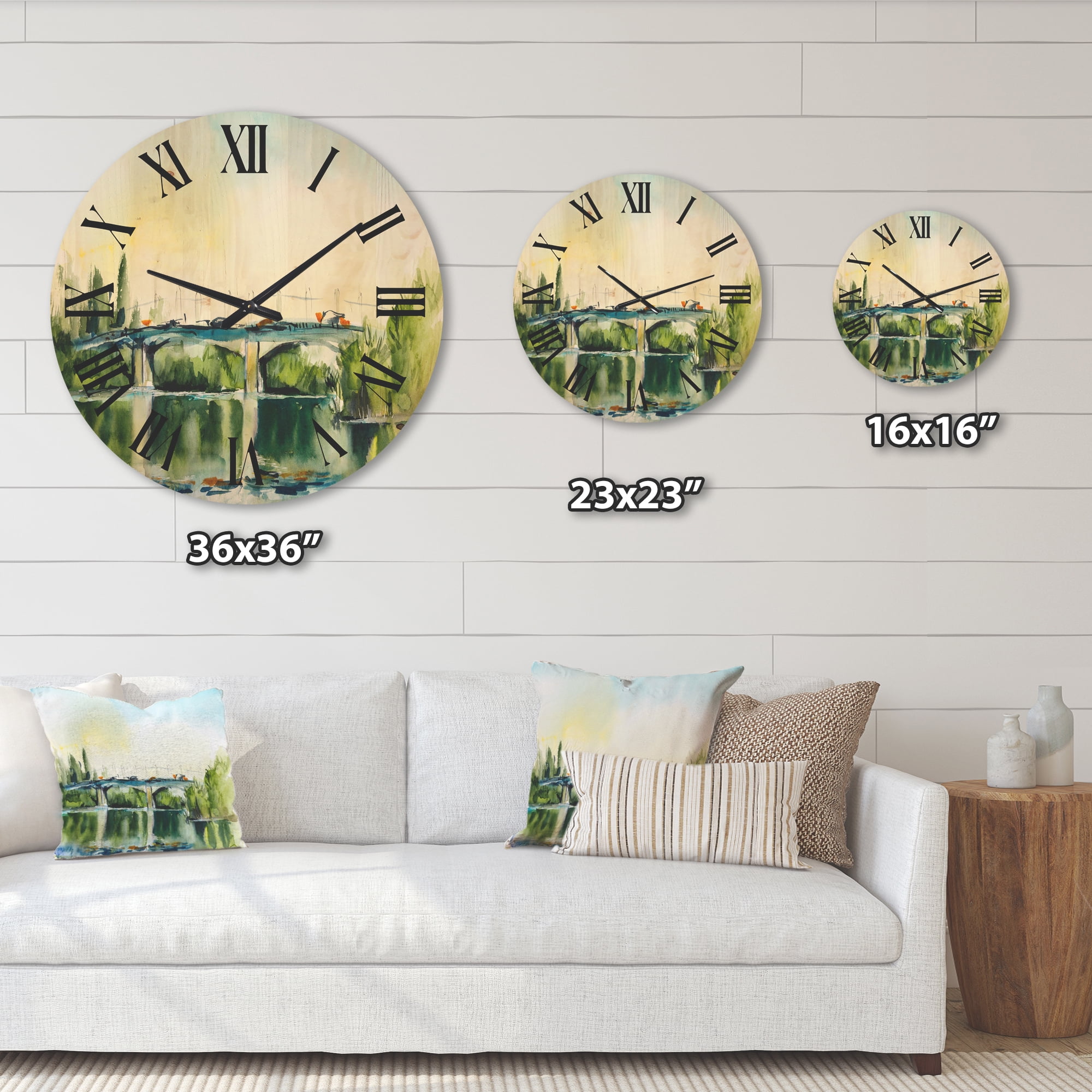 Designart 'Landscape With Old Bridge Over River In The Countryside' Traditional Wood Wall Clock