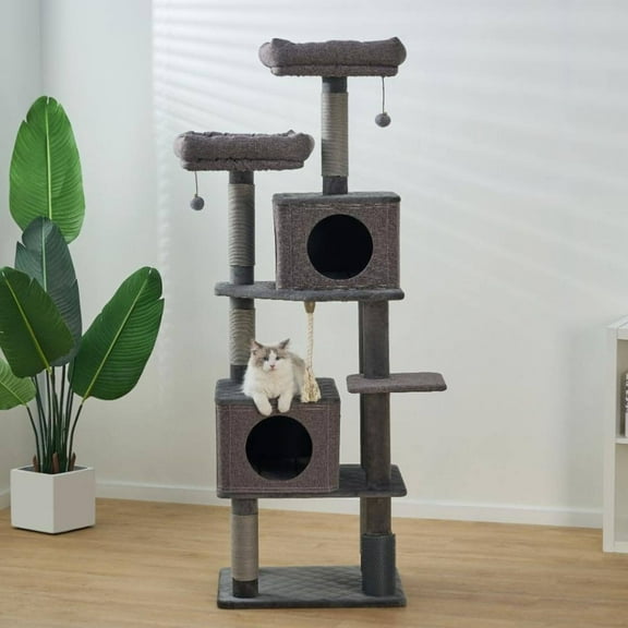 "Catry Minimalistic Contemporary Cat Tree 67"" 6-Level Large Stella Activity Tower with Scratching Condos Groomer"