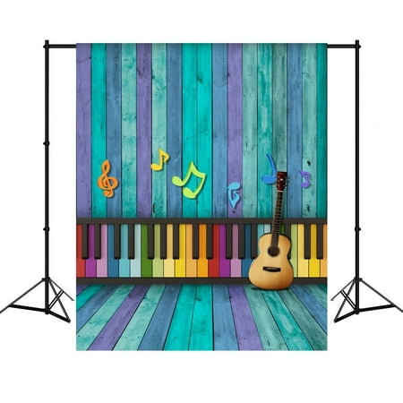 Image of 5x7ft Photography Backdrops Blue Wood Colorful Keys Music Note Guitar Photo Background Studio Props