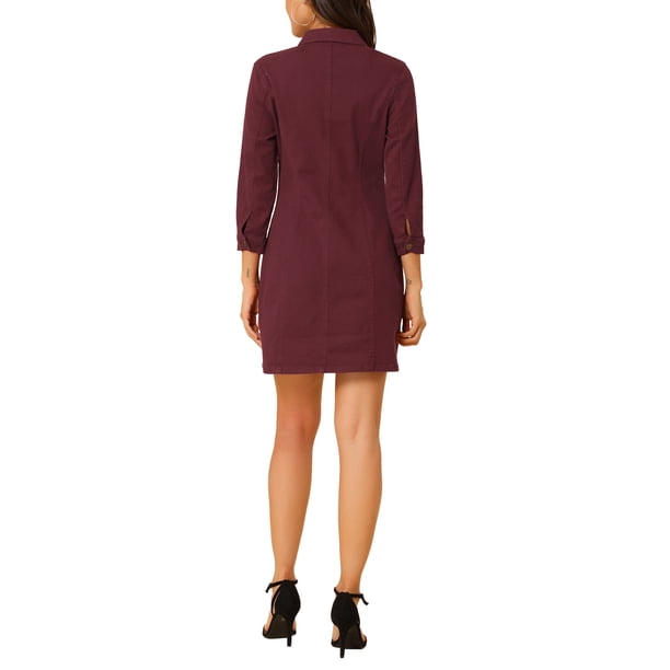 INSPIRE CHIC Women's Denim Dress 3/4 Sleeve Button Down Mini Jean Shirt  Dress XS Burgundy - Walmart Business Supplies