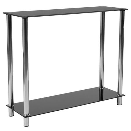 - Black Glass Console Table with Shelves and Stainless Steel Frame