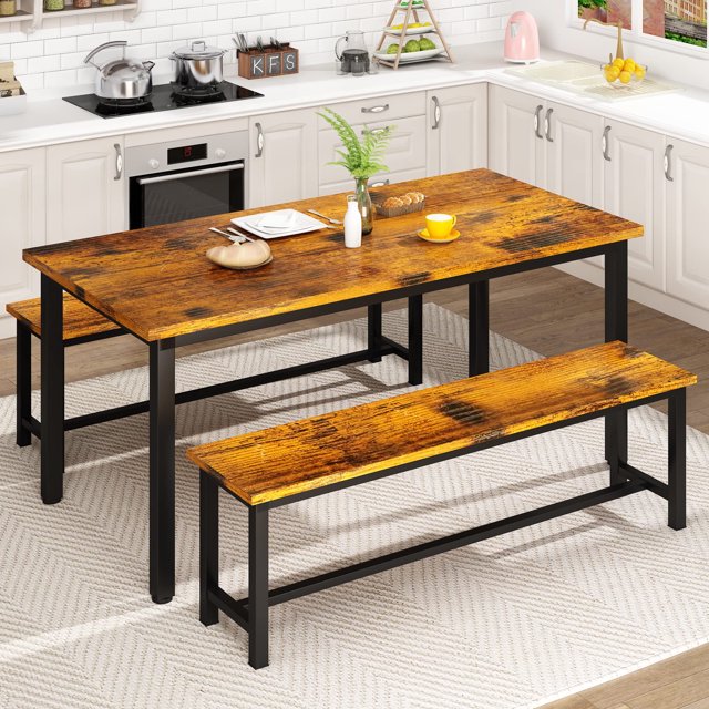 Lamerge Dining Table Set with 2 Benches, Kitchen Table Set for 4-6 Persons, Kitchen Table of 47.2 x 28.7 x 28.7 Inches, Bench of 41.3 x 11.8 x 17.7 Inches Each, Brown