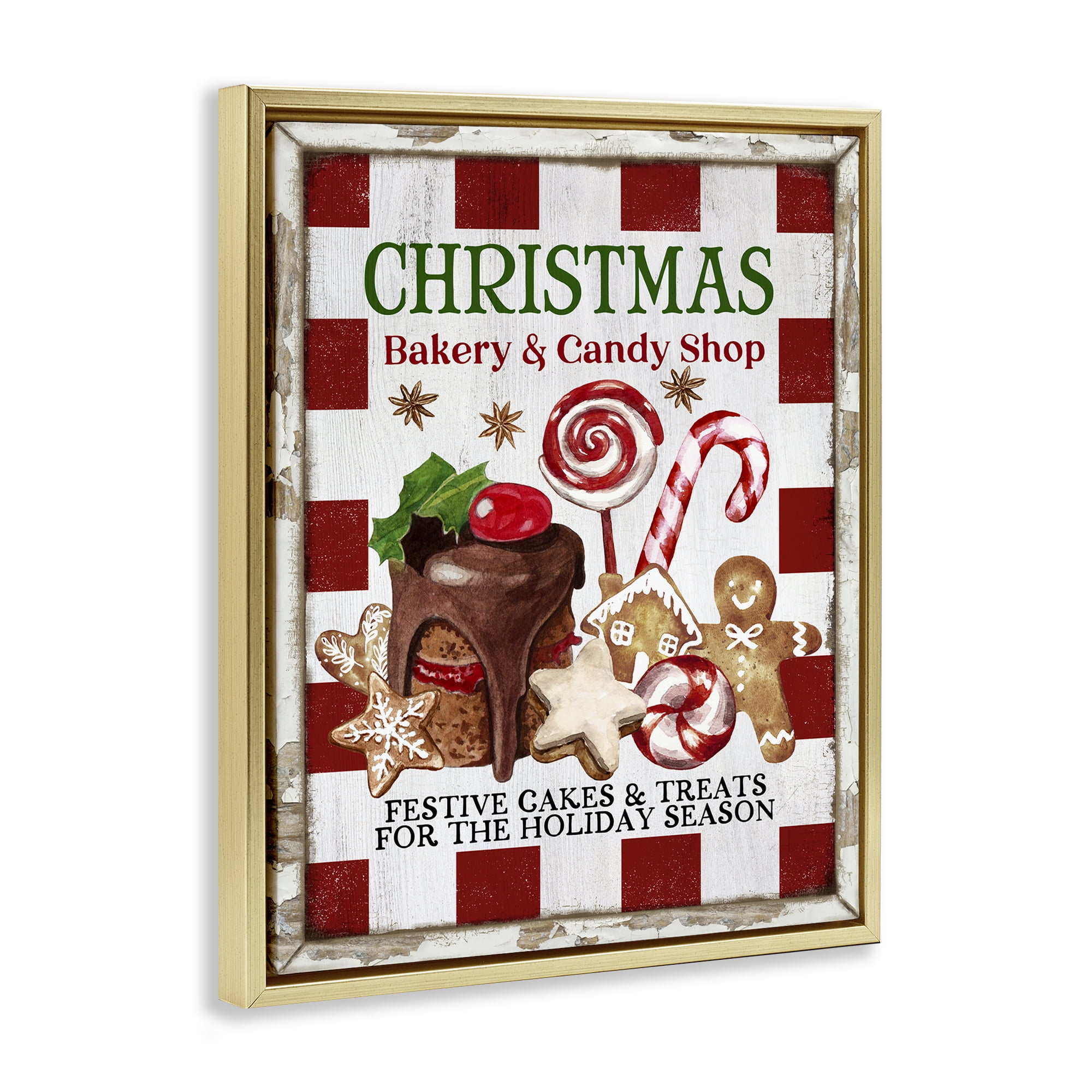 Stupell Industries Christmas Bakery & Candy Holiday Painting Gold Floater Framed Canvas Art Prints Wall Art, 17 x 21