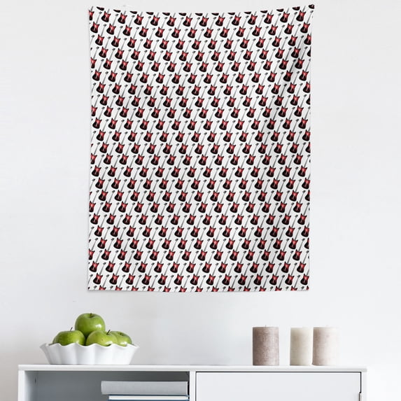 Guitar Tapestry, Repeating Graphic Electric Guitars in Diagonal Order Rock Music Band Songs, Fabric Wall Hanging Decor for Bedroom Living Room Dorm, 5 Sizes, Red Black White, by Ambesonne